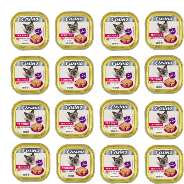 Paquete completo de terrina líquida para gatos comida para aves de corral de casino 100 g de 16X100 g
