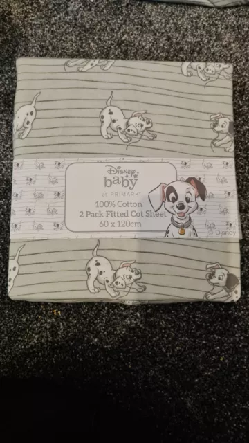 Brand New Disney 101 Dalmatians Baby Fitted Cot Sheets Grey 2 Pack 100% Cotton