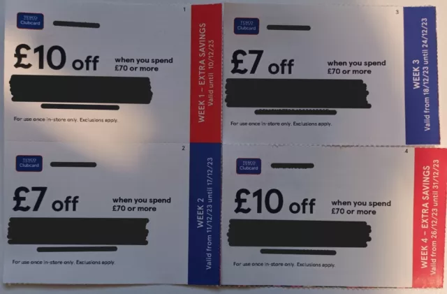 TESCO £34 Money Off Vouchers - 4 Coupons (2 x £10 + 2 x £7) TESCO £34 Money Off Vouchers - 4 Coupons (2 x £10 + 2 x £7)