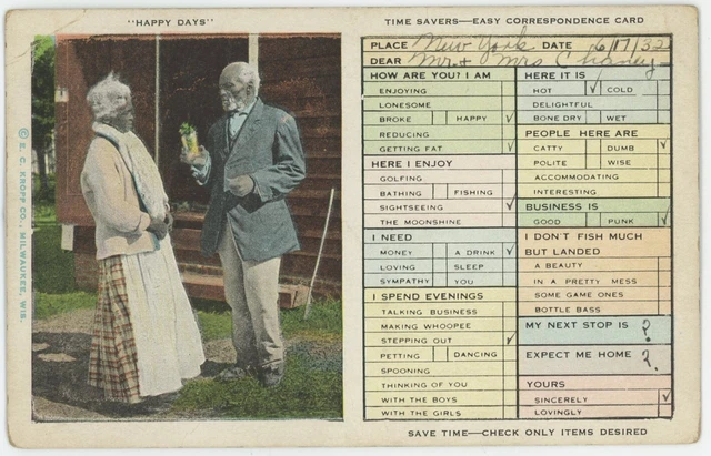 1932 TIME SAVER POSTCARD - Black Americana - Black Couple - Happy Days