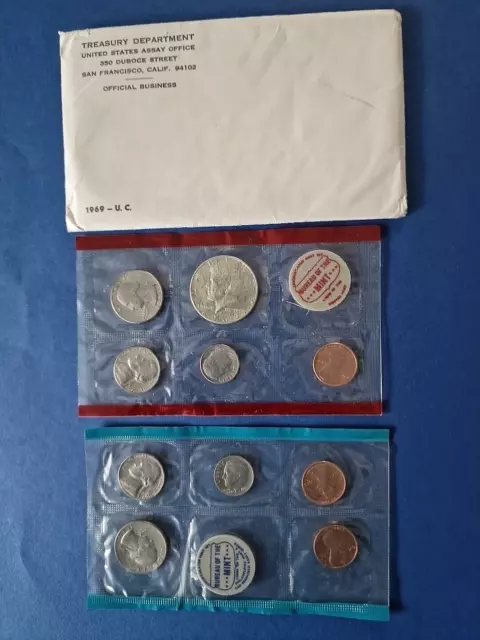 1969P&D Uncirculated Coin  Set US Mint 10 Coins incl. 1 X Kennedy Half 40% Silve
