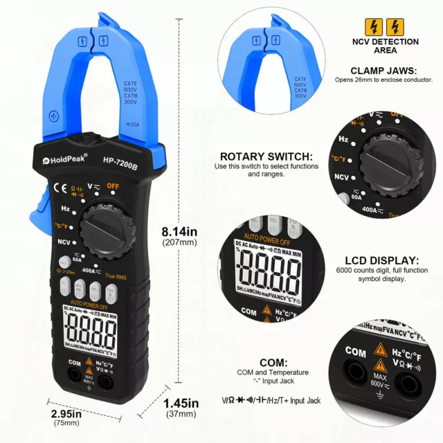 HoldPeak 7200 Series TRMS Digital Clamp Multimeter AC DC AMP Volt  NCV Tester