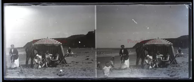 Famille à la plage Photo Plaque de verre NEGATIVE c1930 Stereo Vintage PL28L8n1 