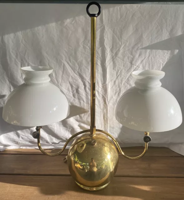 Hanging Vintage Brass Kerosene Or Electric Lamp With Two Milk Glass Globes