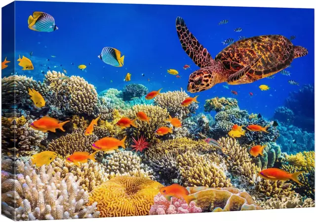 Canvas Print Wall Art Neon Coral Reef Blue Hippo Tang Fish Turtle Nature Animals