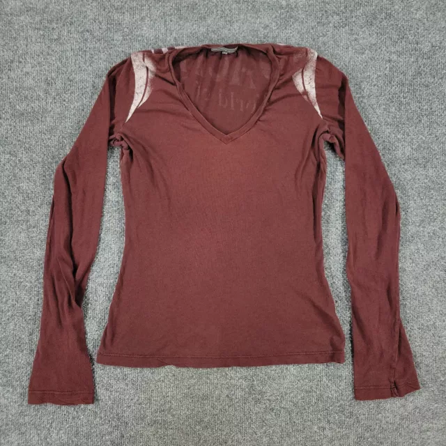 James Perse Shirt Womens Size 2 Red Burgundy Graphic Tee V-Neck Long Sleeve Top