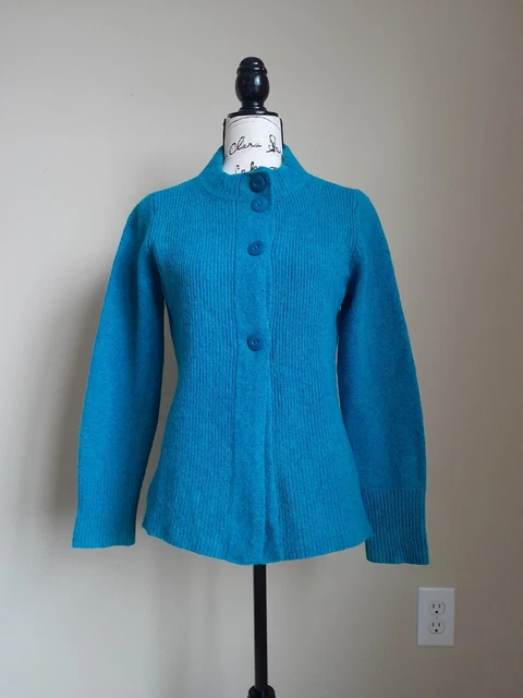 Eileen Fisher teal wool cashmere blend cardigan mock neck women's S petite