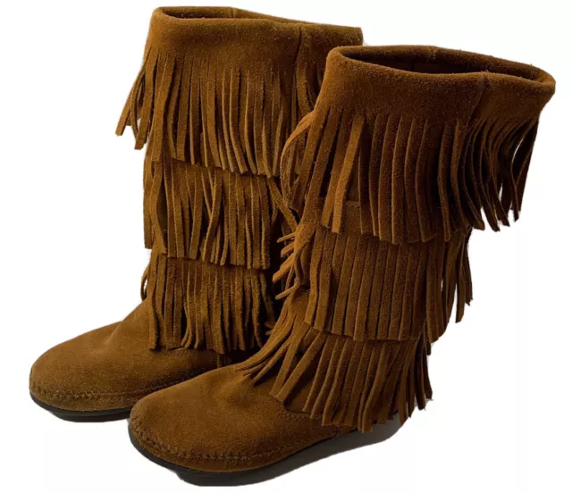 MINNETONKA WOMEN MOCCASIN Boots Brown Suede 3 Layer Fringe Pull On 1632 ...