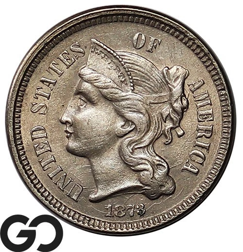 1873 Three Cent Nickel Piece, Brilliant Uncirculated++ ** Free Shipping!