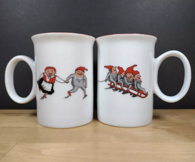 Porsgrund Nisse Red Trim 2 Small Mugs Santa Elves Gnomes Elf 9.5cm Tall