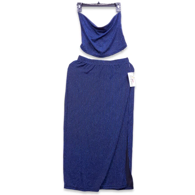 NEW Womens Halter Crop Top High Slit Bodycon Ribbed Long Skirt Outfit Blue 2Pc