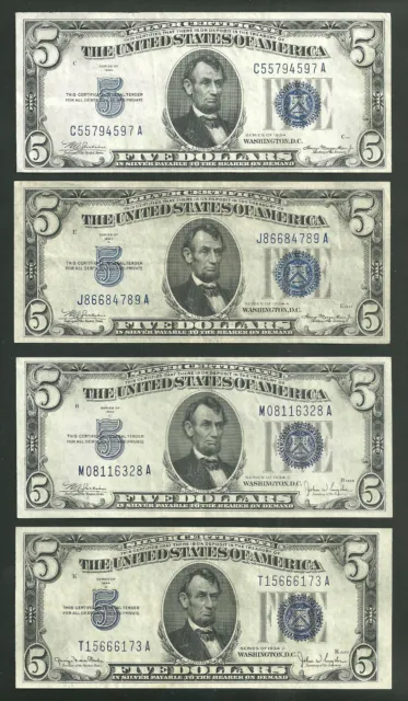 4 United States 5 Dollar Series 1934 Silver Certificates Banknotes Paper Money