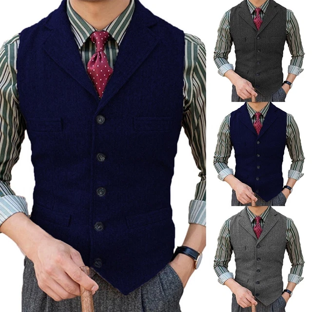 Yiaisafa Gilet de costume en tweed pour homme - Gilet de chasse à chevrons - Gilet vintage rétro en laine - Pour mariage marié - Taille S à 3XL, Marine, M