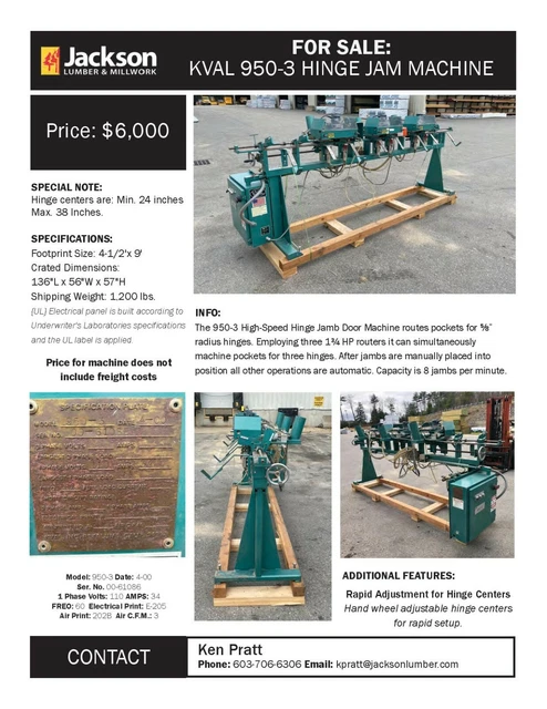 KVAL 950-3 Hinge Jamb Door Machine