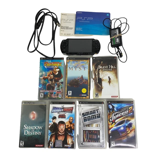 SONY PSP2001 BUNDLE Black Console, Cords, Manuals, 7 Games, No Battery