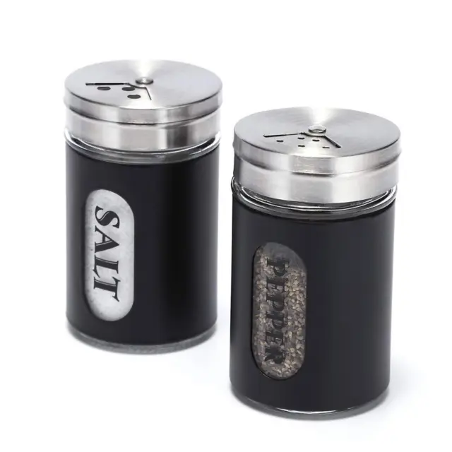 Salt and Pepper Shakers Stainless Steel and Glass Set with Adjustable Pour Ho...