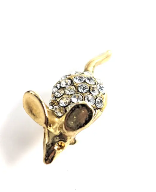 VTG Mouse Clear Rhinestone Gold Tone Enamel Lapel Pin Tie Tack Animal Jewelry