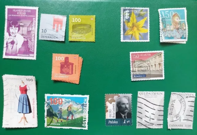 17 Briefmarken aus Österreich, Schweiz, Dänemark, Polen (gestempelt & abgelöst)