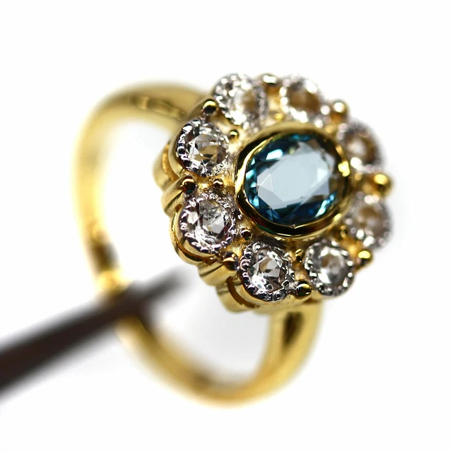 5 X 7 mm. LONDON BLUE, WHITE TOPAZ 925 STERLING SILVER RING Size 7.25
