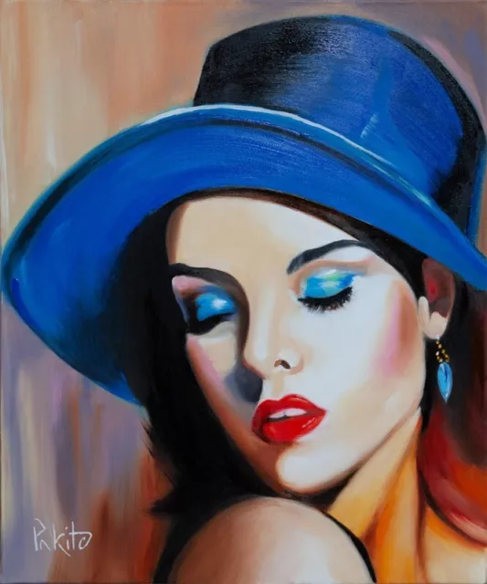 Tableau peinture huile sur toile - Femme au chapeau bleu