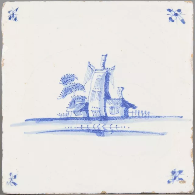 Nice Dutch Delft Blue tile, landscape with a farm, late 17th century.
