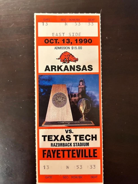 Arkansas Razorbacks v Texas Tech Red Raiders Ticket Stub 10/12/1990