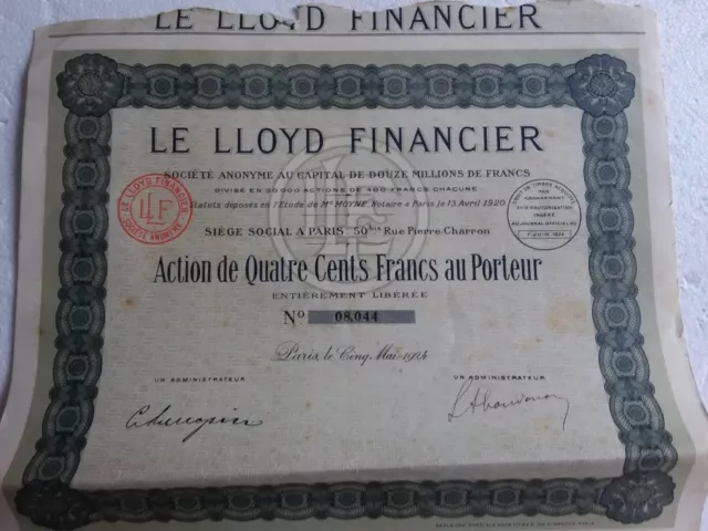 W94 Action ancienne : SA le Lloyd Financier action de quatre cents francs au por 2