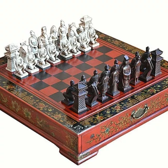 Terracotta Army Antique Chess Set Board BOX Carved Unique Vintage Collectible