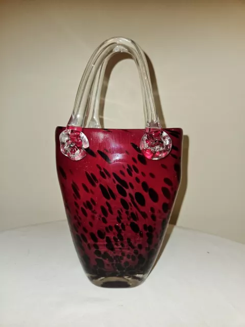 Murano Style Art Glass Red and Black Animal Print Hand Blown Handbag Purse Vase