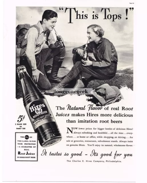 1937 HIRES ROOT BEER Man Woman Hikers Vintage Ad