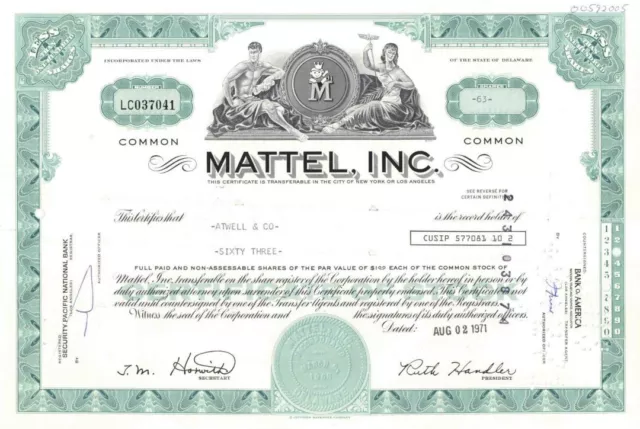 Mattel, Inc - Famous Toy Company - Aqua Color Stock Certificate - General Stocks