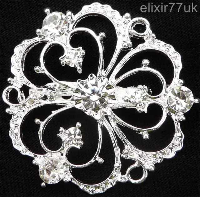 New Silver Tone Heart Flower Gem Rhinestone Diamante Crystal Pin Brooch Wedding