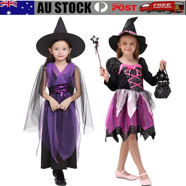 Kids Girls Witch Costume Fancy Dress Up Tutu Dress Hat Outfits Set Party Cosplay