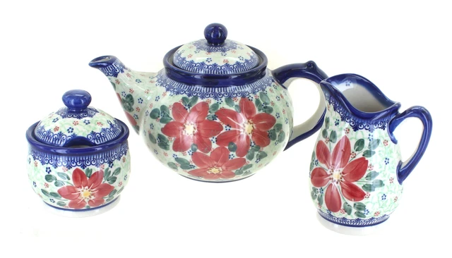 Blue Rose Polish Pottery Pointsettia 3 Piece Tea Set