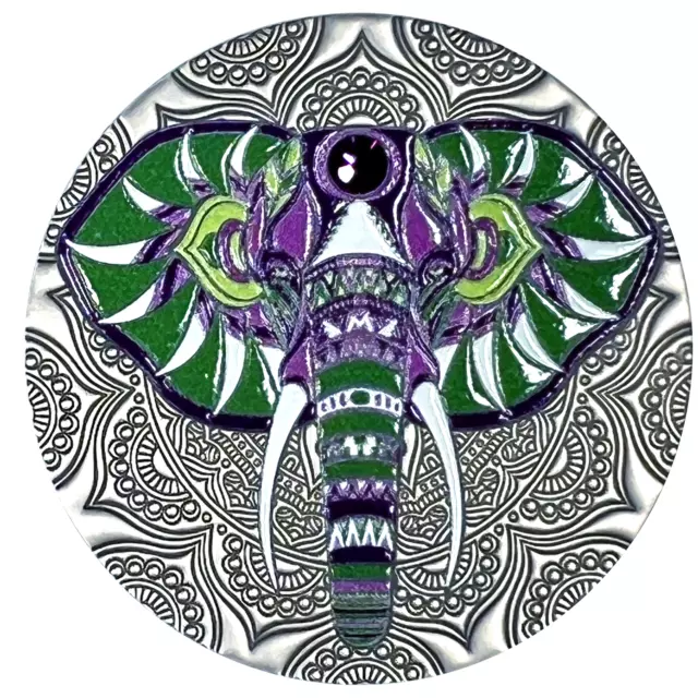 2020 Ghana Elephant Silver Coin Mandala High Relief Swarovski Gemstone RARE
