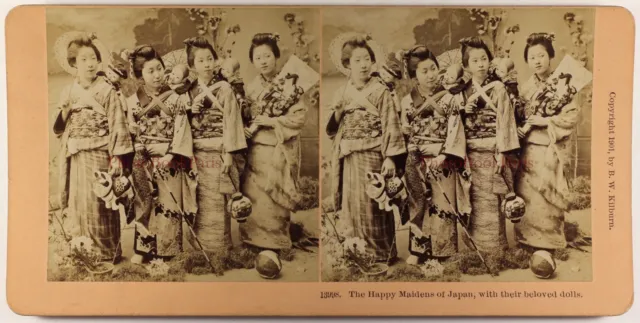 Japan Filles Glücklich Puppen Tracht Foto Stereo Vintage Albumin 1901