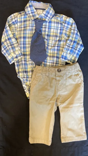 Carters Baby Boys Size 6 months formal outfit plaid bodysuit tie set khaki pants