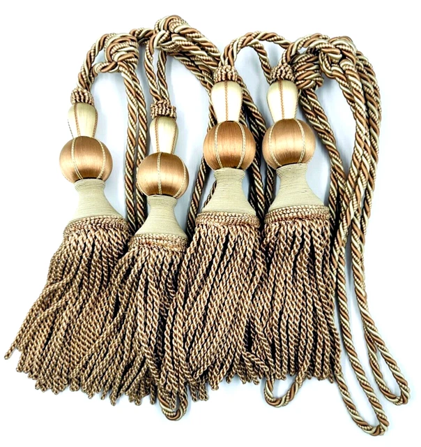 Curtain drapery Tie-Backs XL 33"L corded tassels twisted lite brown beige set/4