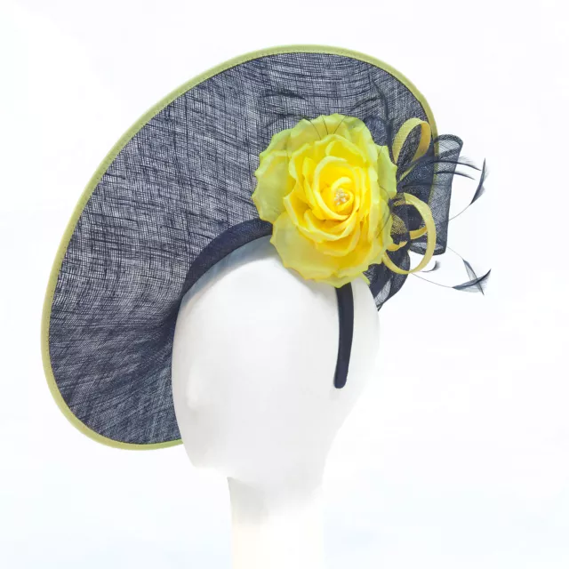 NEW Women's NAVY BLUE & YELLOW Flower Fascinator Headband Tea Party Large HAT