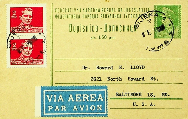 Sephil Yugoslavia 1948 Post Wwii 2V Uprated Airmail Postal Card To Md. Usa
