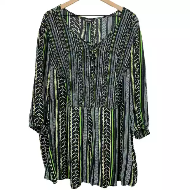 Ulla Popken Tunic Top Size 28/30 3/4 Sleeve Smocked Gauze Geometric Black Flowy Ulla Popken Tunic Top Size 28/30 3/4 Sleeve Smocked Gauze Geometric Black Flowy
