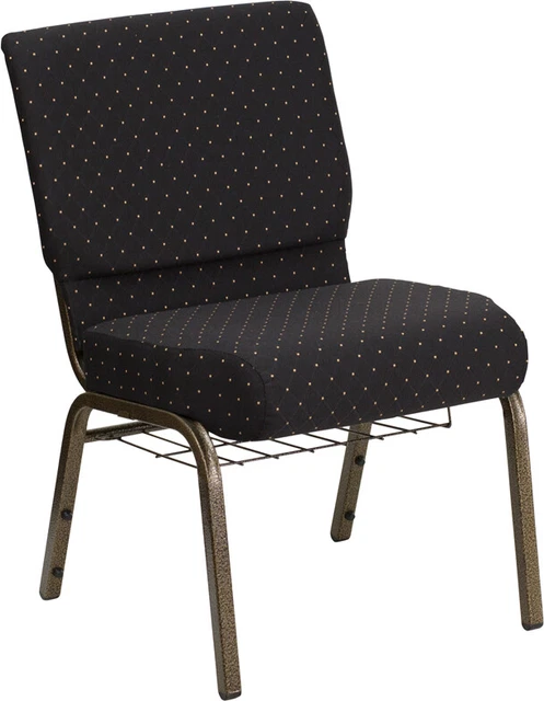 21'' Wide Black Dot patterned Fabric Church Chair with Book Rack and Gold Frame