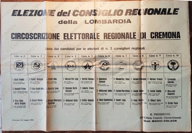 1980 Cremona Elezione Consiglio Regionale Lombardia Candidati Politica manifesto