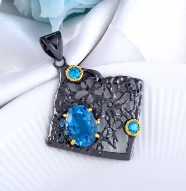 Natural Swiss Blue Topaz Gemstone Handmade Pendant Jewelry Christmas Gift