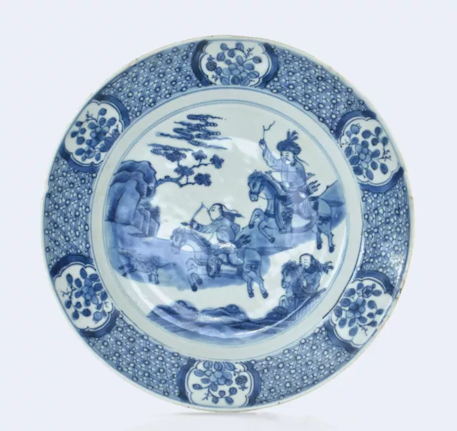 17C Kangxi Period Chinese Blue & White Porcelain Plate Hunting Scene Horse