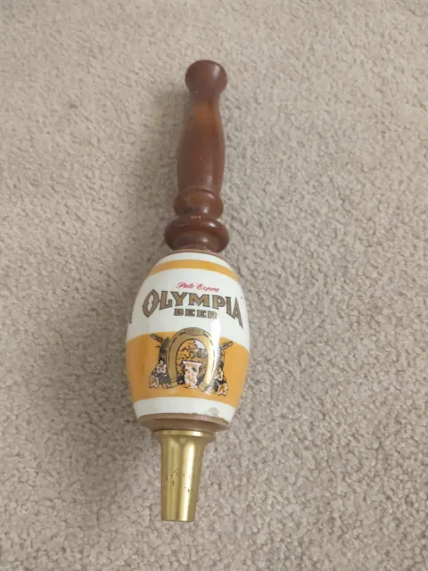 (Oly) Olympia Beer Barrel Tap Handle Brass, Ceramic, Wood, Vintage, Man cave