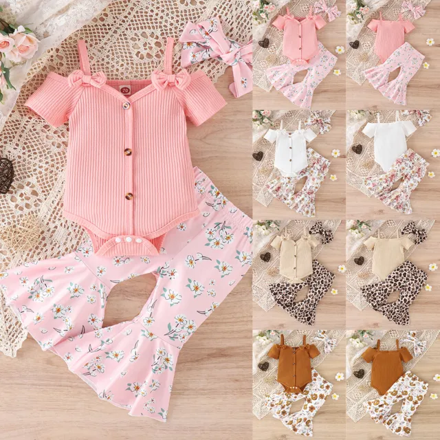 3PCS Toddler Girls Floral Outfits Romper Jumpsuit Tops Flared Pants Headband Set