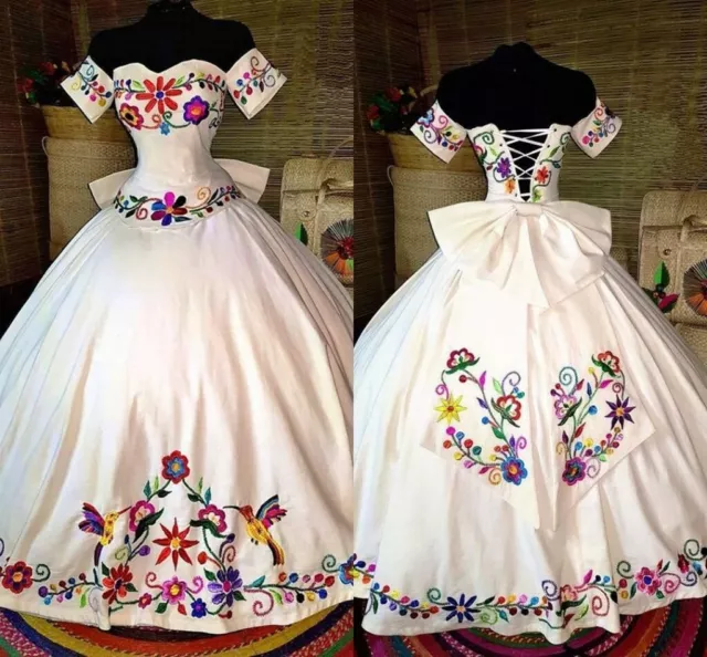 Mexican Colorful Embroidered Quinceanera Dress Off The Shoulder Satin Prom Gown