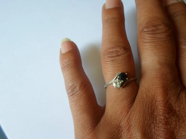 Bague 'Toi Et Moi' En Plaqué Or - 2 Cabochons (1 Blanc, 1 Bleu Ciel) - Taille 58 - Occasion, Portée