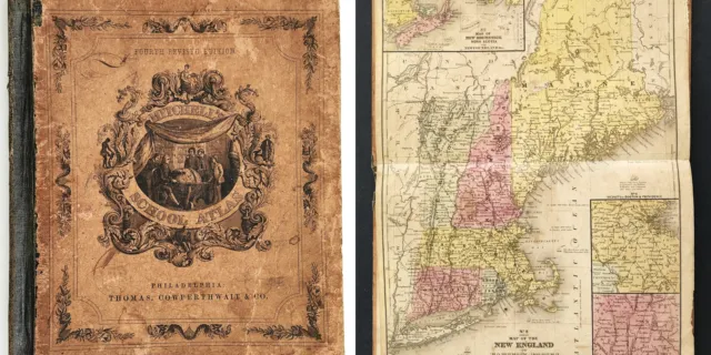 1855 antique MITCHELL'S SCHOOL ATLAS glen moore pa TREGO folk art penmanship map